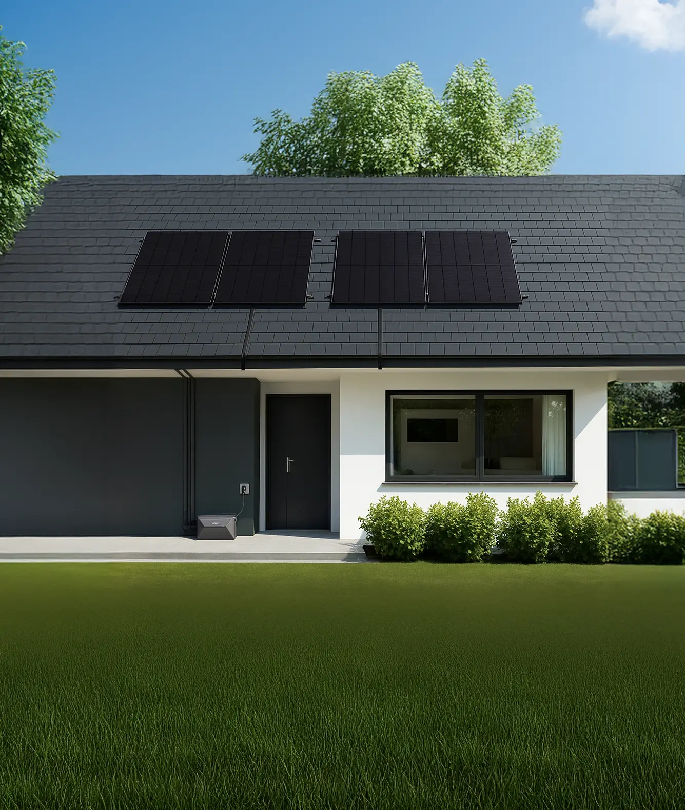 Woning met plug &amp; play zonnepanelen op dak en in tuin, stekkerklare zonne-energiesystemen aangesloten op stopcontact volgens Belgische Synergrid-normen.