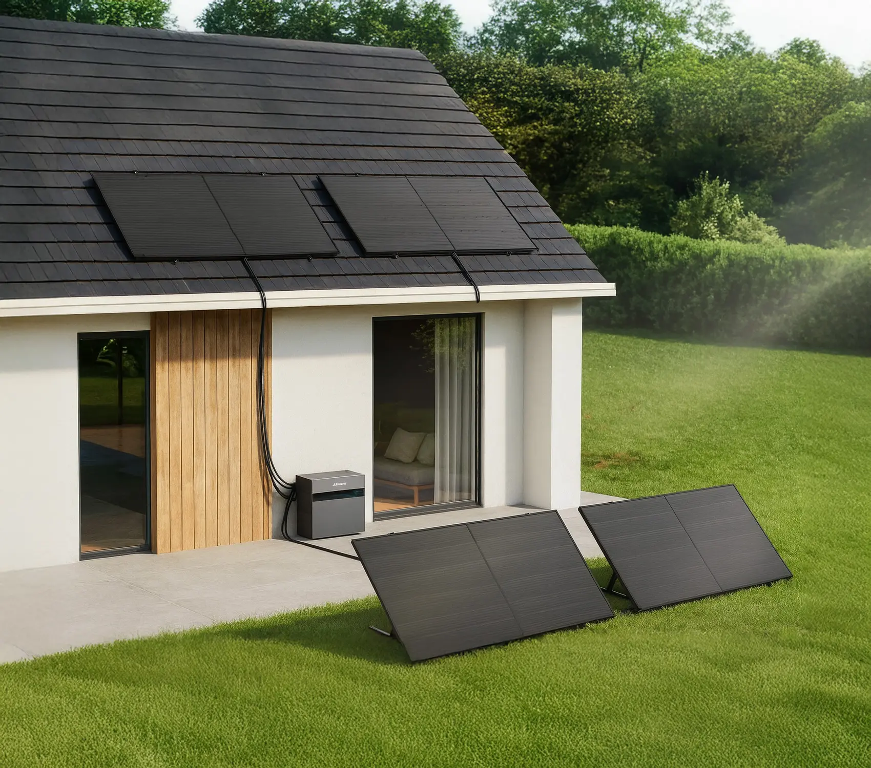 Plug &amp; play zonnepaneelsysteem met thuisbatterij naast woning, duurzaam energiegebruik